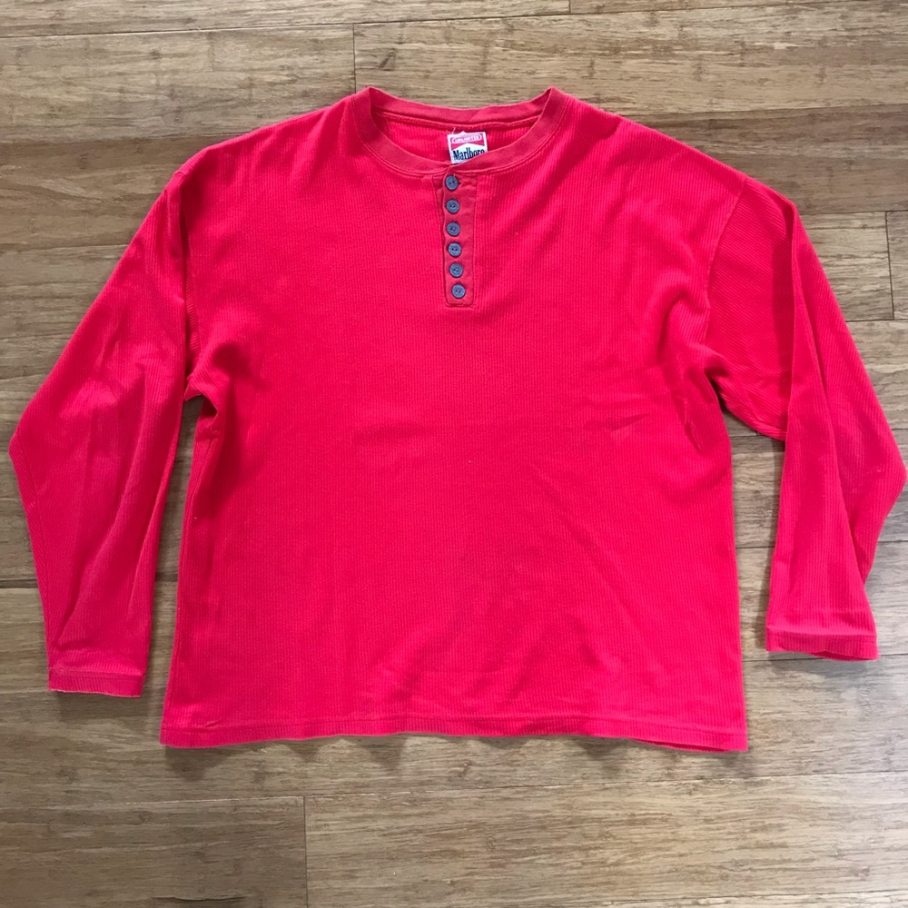 Vintage Marlboro Men's Long Sleeve Henley 1/4 Button Shirt Red X-Large XL